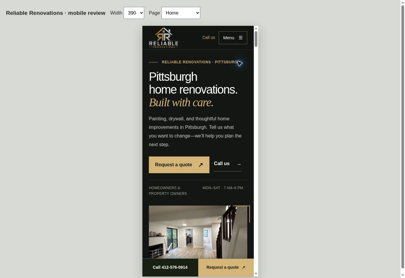 Reliable Renovations mobile website with its services and quote request button